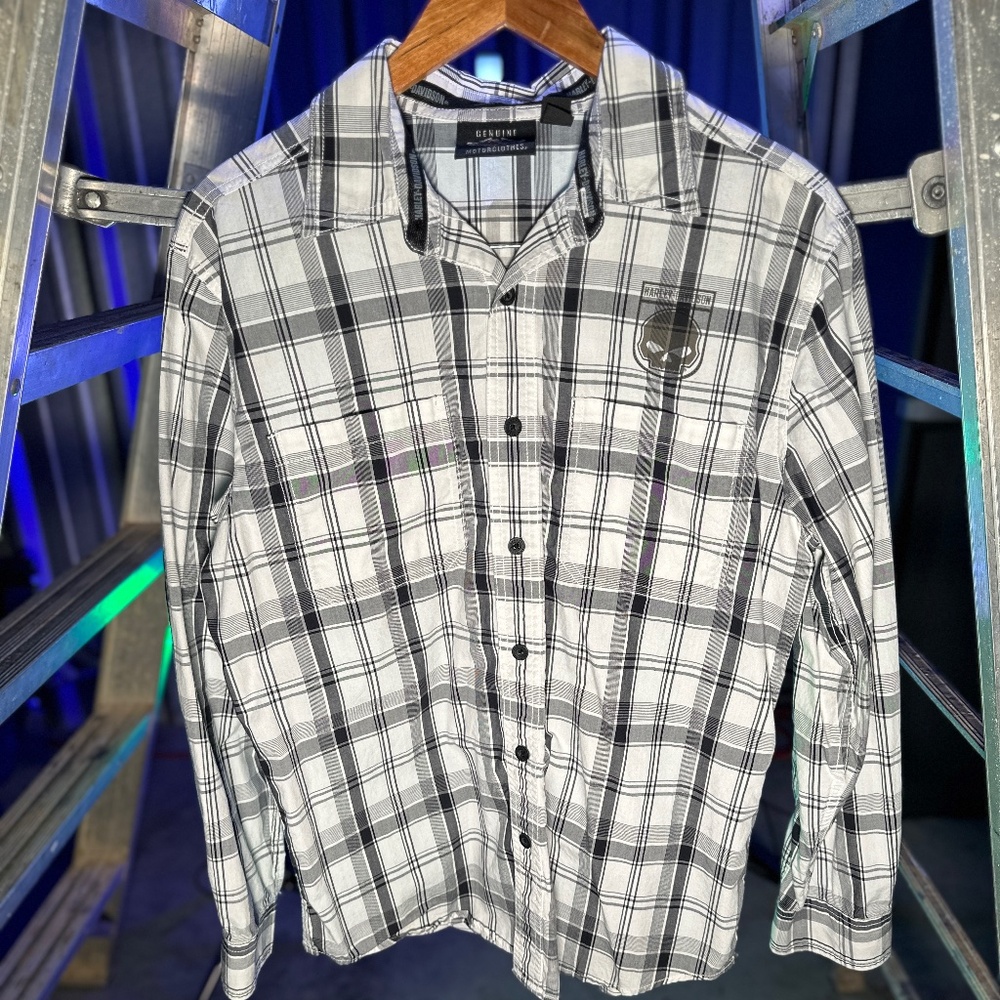 Harley-Davidson Men's Willie G. Skull Shield Plaid Shirt LS, Black/Grey